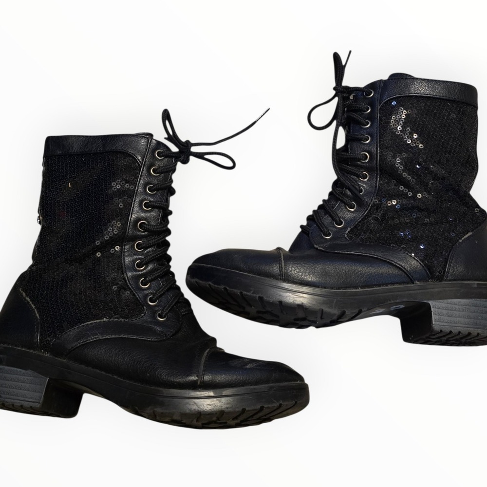 Double Platinum Performancewear SWAGC Black Sequin Combat Boots Girls Size 4